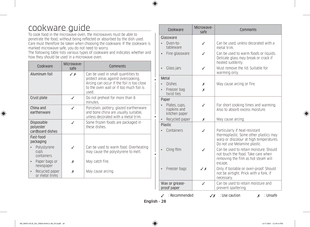 Samsung MC28H5135CK/BA manual Cookware guide 