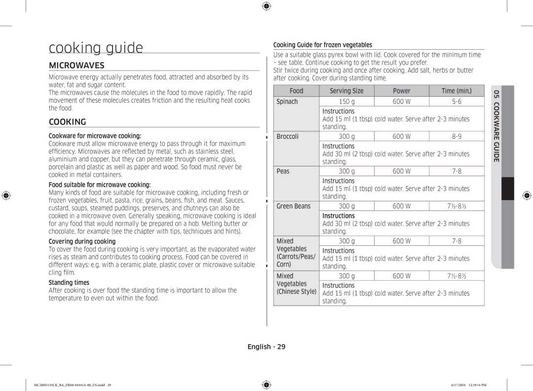 Samsung MC28H5135CK/BA manual Cooking guide, Microwaves, Vegetables Instructions, Cookware Guide 