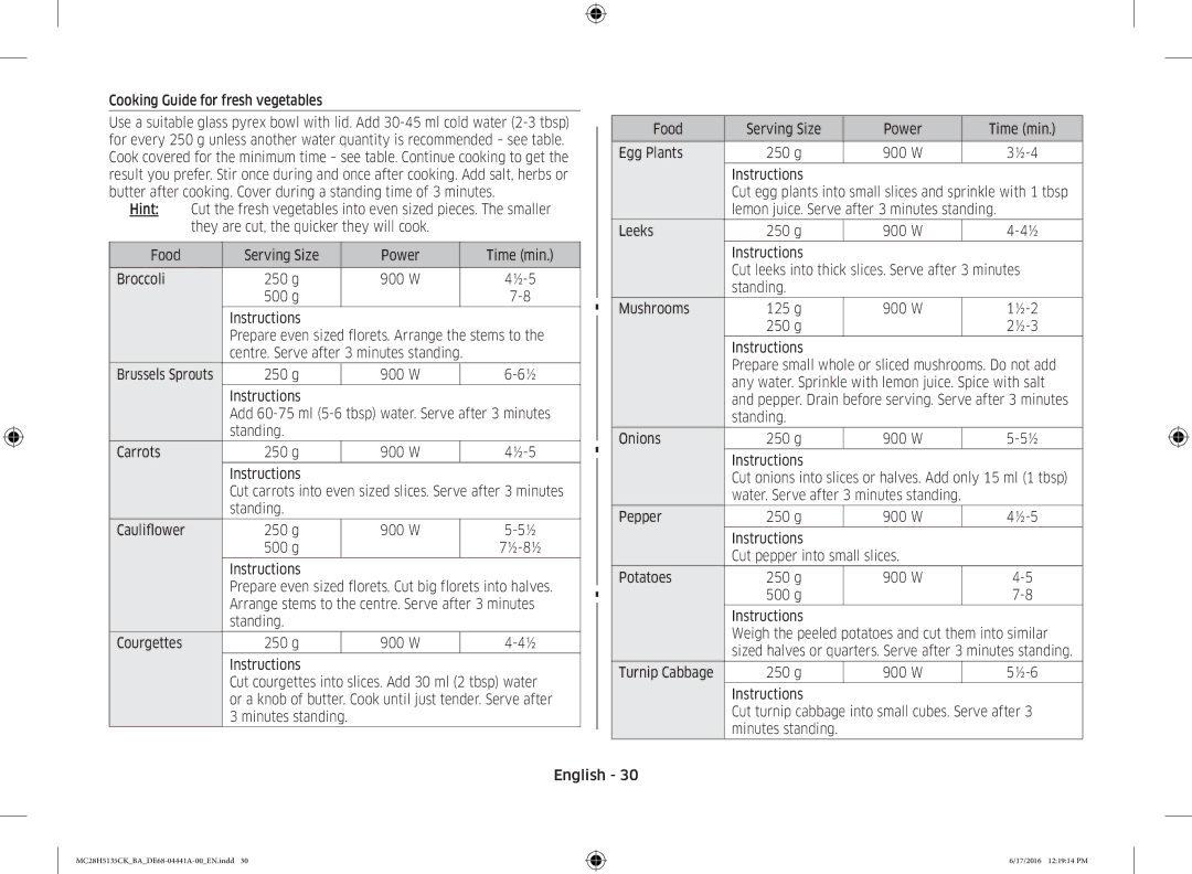 Samsung MC28H5135CK/BA Cooking Guide for fresh vegetables, Standing Cauliflower 250 g 900 W 500 g, Pepper 250 g 900 W 