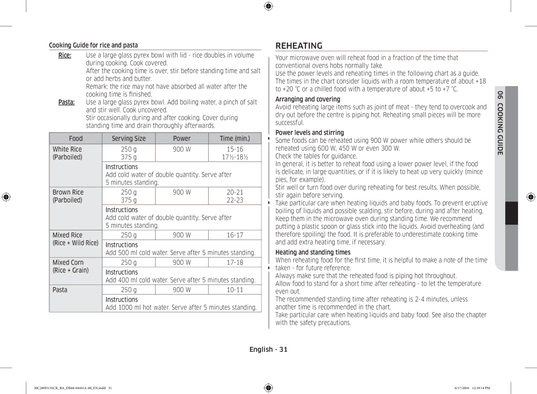 Samsung MC28H5135CK/BA manual Reheating, Cooking Guide 