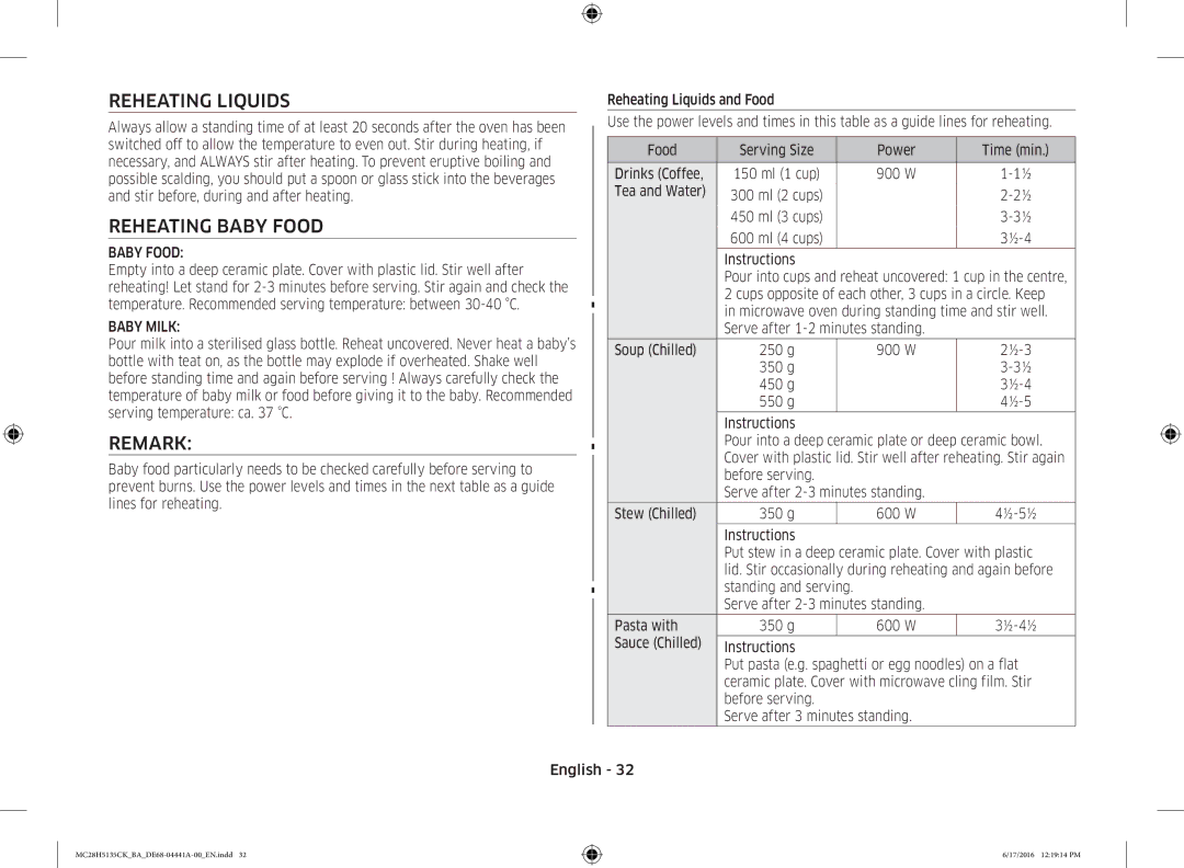 Samsung MC28H5135CK/BA manual Reheating Liquids, Reheating Baby Food, Remark, Baby Milk 