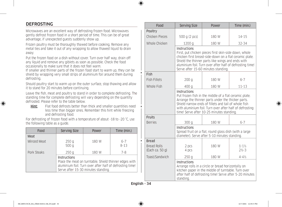 Samsung MC28H5135CK/BA manual Defrosting 