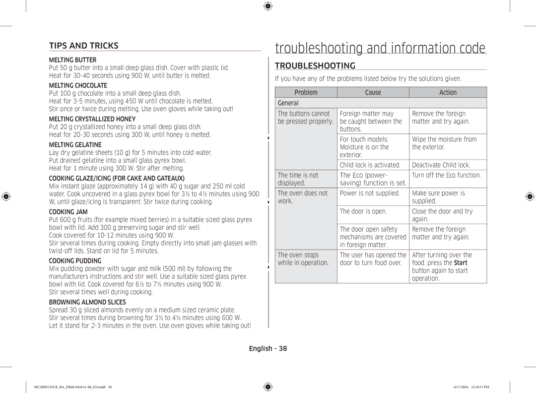 Samsung MC28H5135CK/BA manual Troubleshooting and information code, Tips and Tricks 