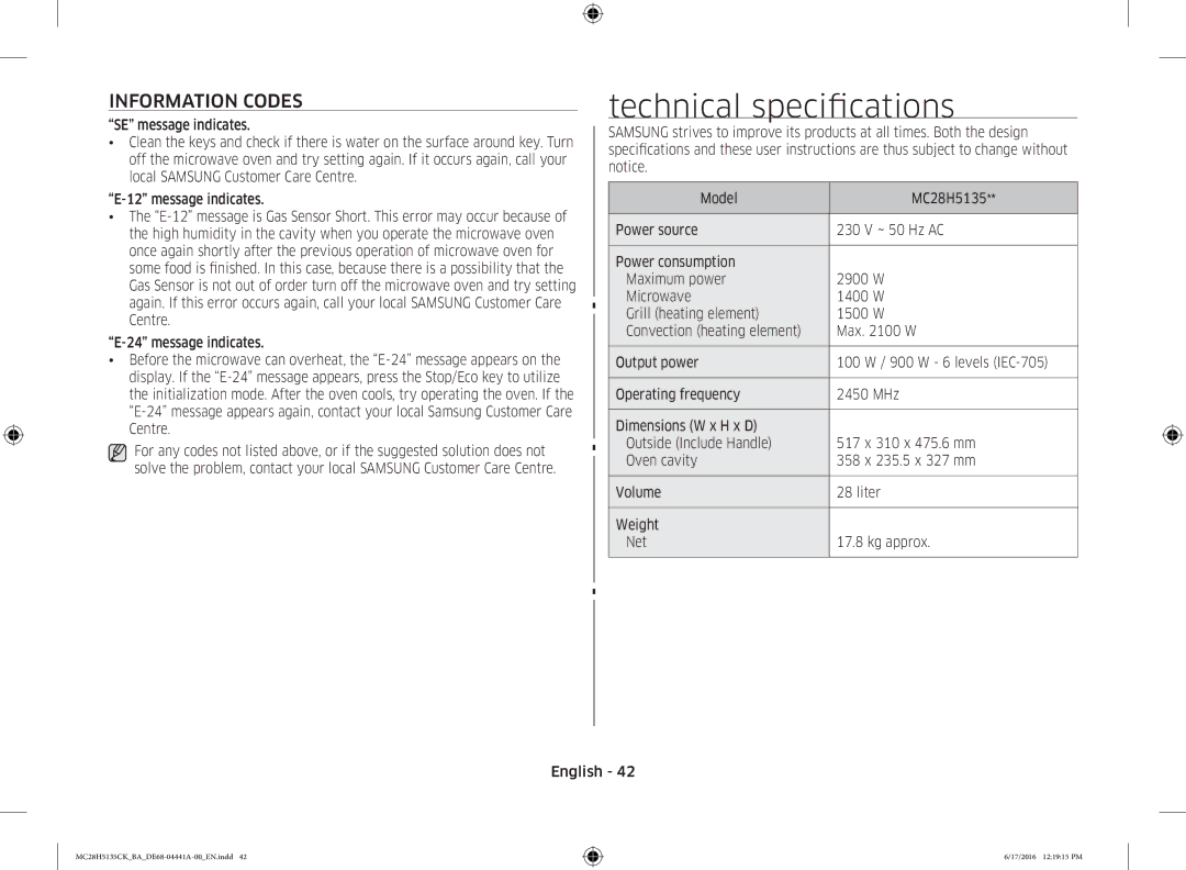 Samsung MC28H5135CK/BA manual Technical specifications, Information Codes 