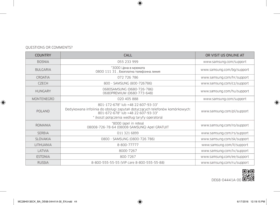 Samsung MC28H5135CK/BA manual Questions or COMMENTS? Country Call Or Visit US Online AT 