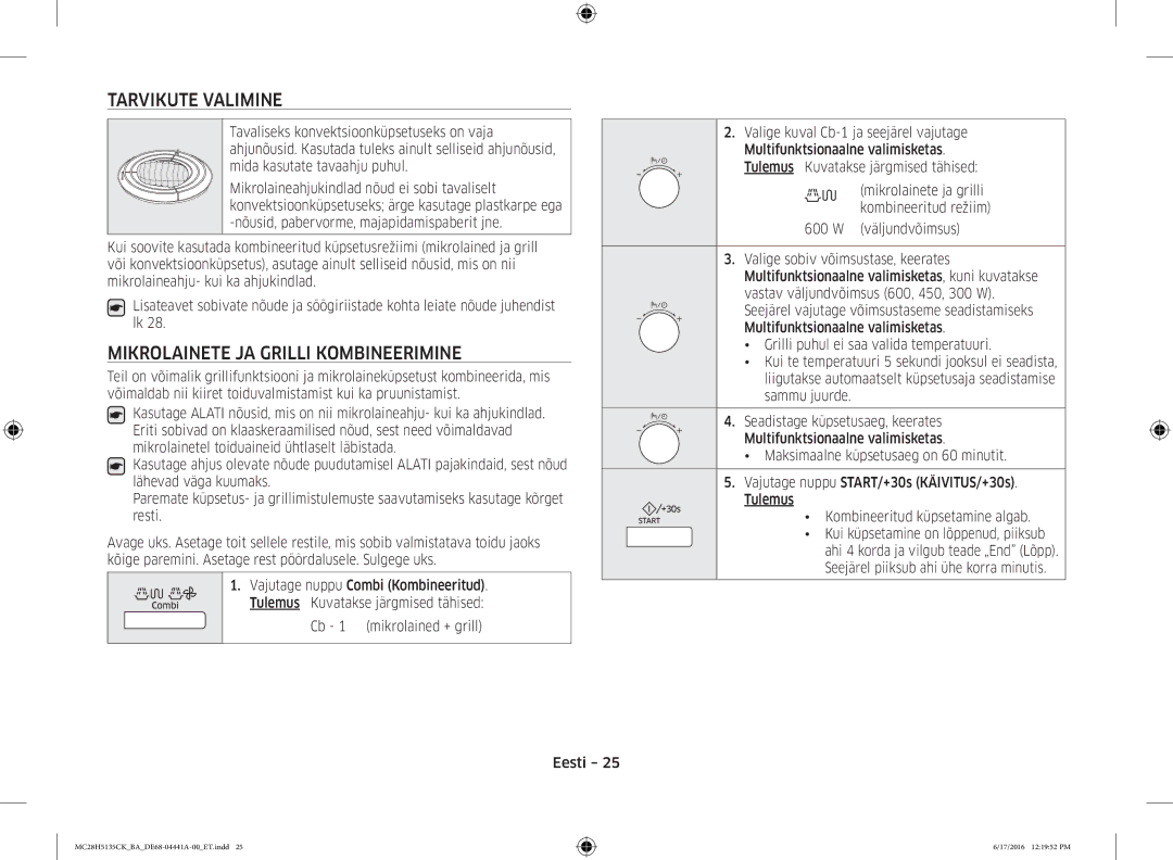 Samsung MC28H5135CK/BA manual Tarvikute Valimine, Mikrolainete JA Grilli Kombineerimine, Ahju 