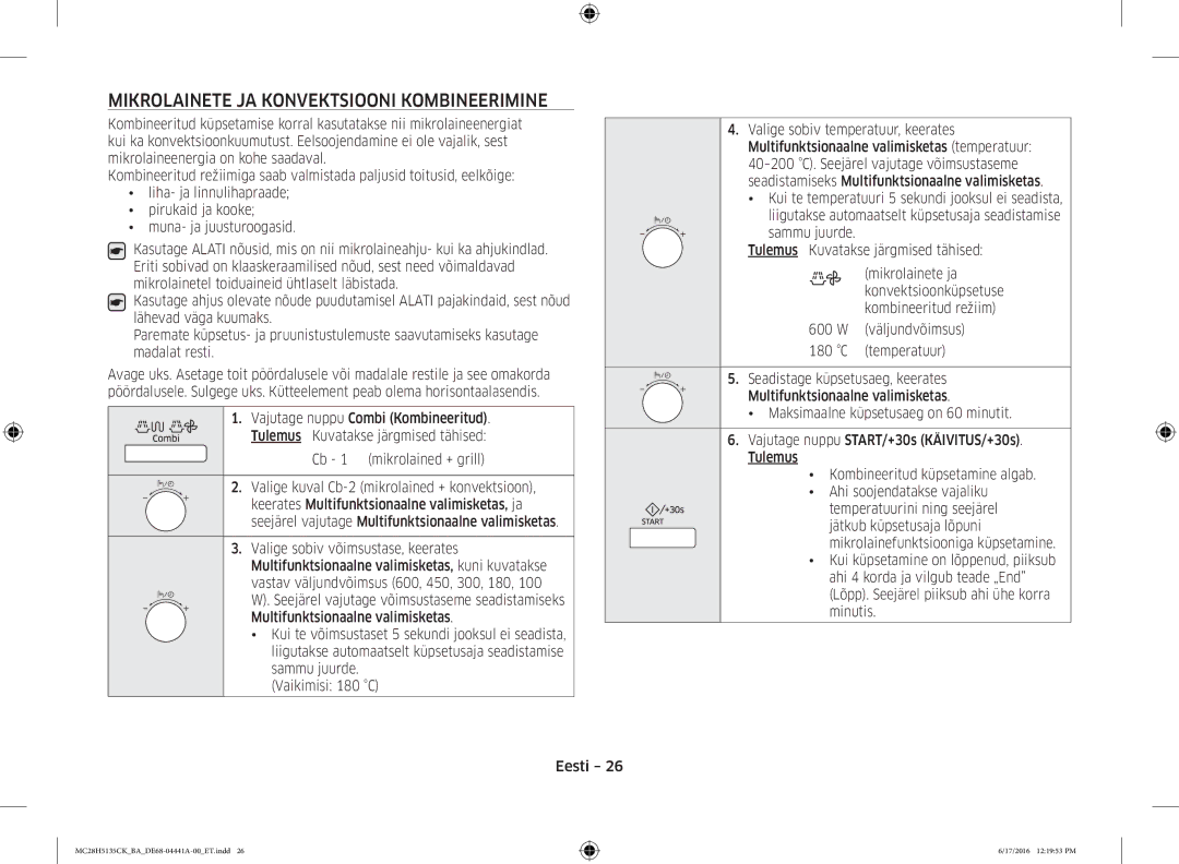 Samsung MC28H5135CK/BA manual Mikrolainete JA Konvektsiooni Kombineerimine, Cb 1 mikrolained + grill 
