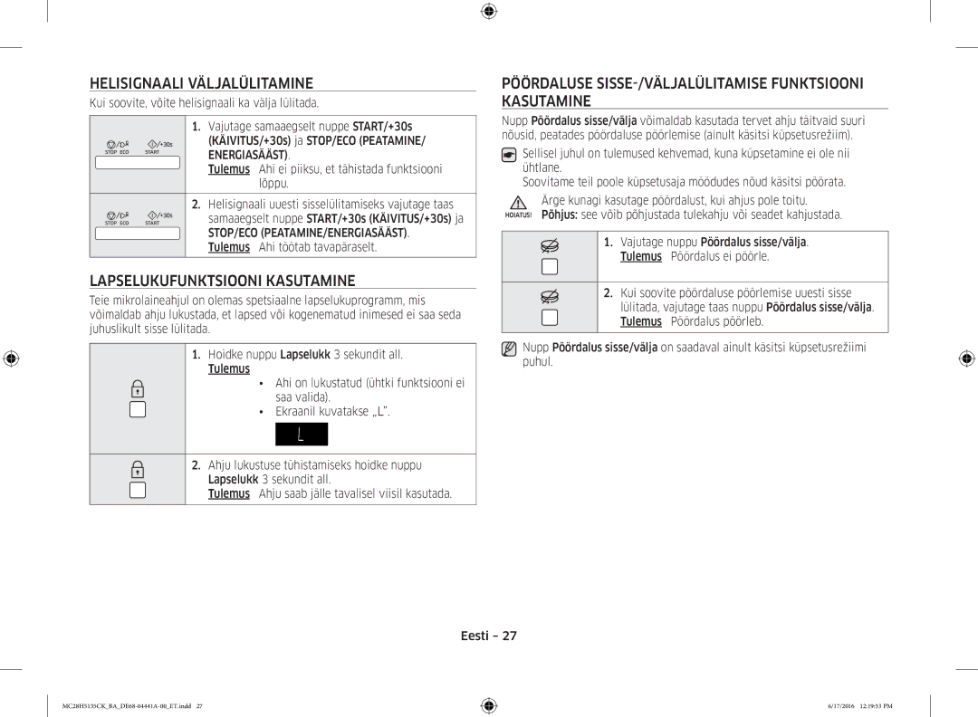 Samsung MC28H5135CK/BA manual Helisignaali Väljalülitamine, Lapselukufunktsiooni Kasutamine 