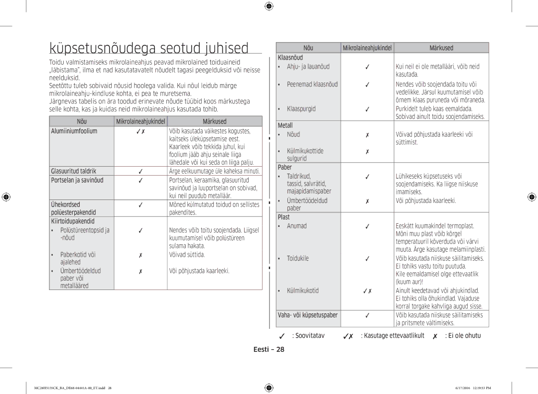 Samsung MC28H5135CK/BA manual Küpsetusnõudega seotud juhised 