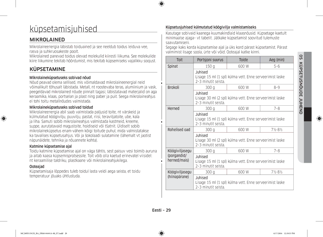 Samsung MC28H5135CK/BA manual Küpsetamisjuhised, Mikrolained, Küpsetamine 