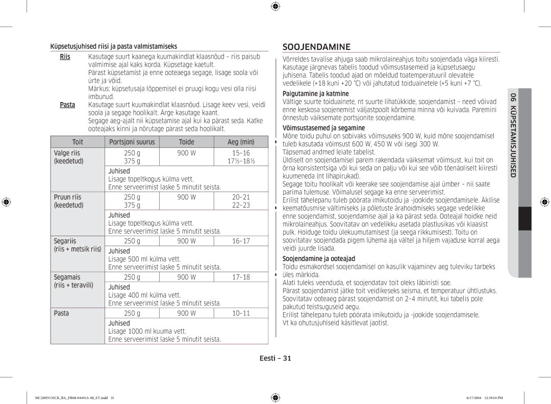 Samsung MC28H5135CK/BA manual Soojendamine, 06 Küpsetamisjuhised 