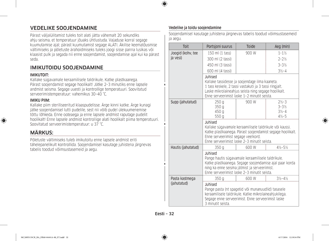 Samsung MC28H5135CK/BA manual Vedelike Soojendamine, Imikutoidu Soojendamine, Märkus, Imikutoit, Imiku Piim 