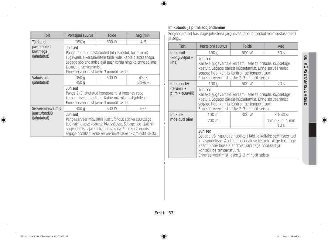 Samsung MC28H5135CK/BA manual Toit Portsjoni suurus Toide Aeg min Täidetud 350 g, Jätmist ja serveerimist, Valmistoit 350 g 