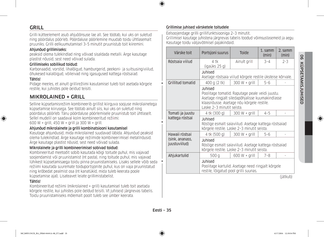 Samsung MC28H5135CK/BA manual Mikrolained + Grill, Röstsaia viilud Ainult grill, Jätkub 