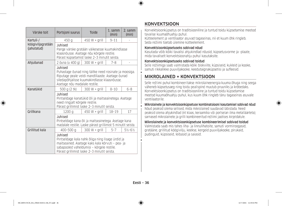 Samsung MC28H5135CK/BA manual Mikrolained + Konvektsioon 