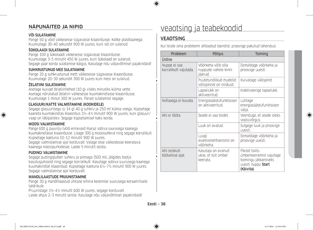 Samsung MC28H5135CK/BA manual Veaotsing ja teabekoodid, Näpunäited JA Nipid 