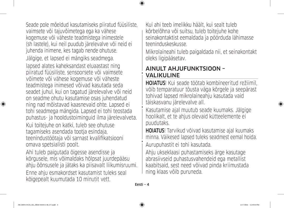 Samsung MC28H5135CK/BA manual Ainult Ahjufunktsioon Valikuline 