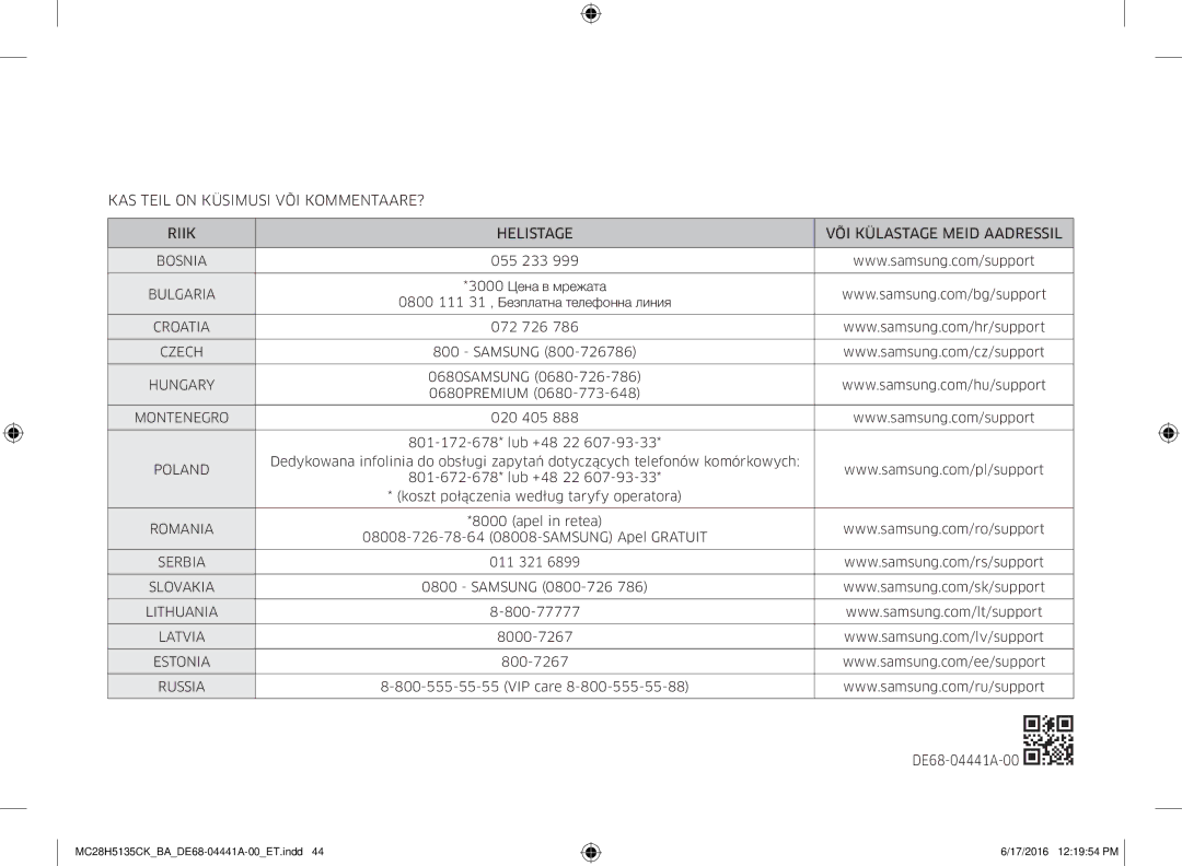 Samsung MC28H5135CK/BA manual 3000 Цена в мрежата 0800 111 31 , Безплатна телефонна линия, DE68-04441A-00 