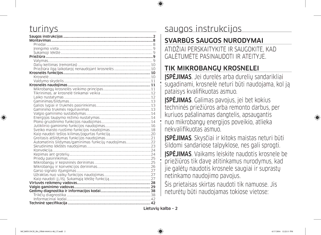 Samsung MC28H5135CK/BA manual Turinys, Saugos instrukcijos, Lietuvių kalba 