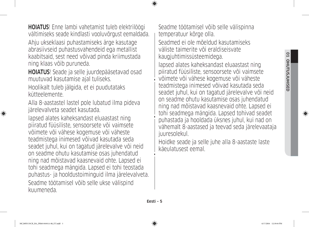 Samsung MC28H5135CK/BA manual Ohutusjuhised 