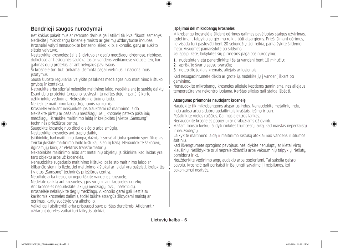 Samsung MC28H5135CK/BA manual Bendrieji saugos nurodymai 