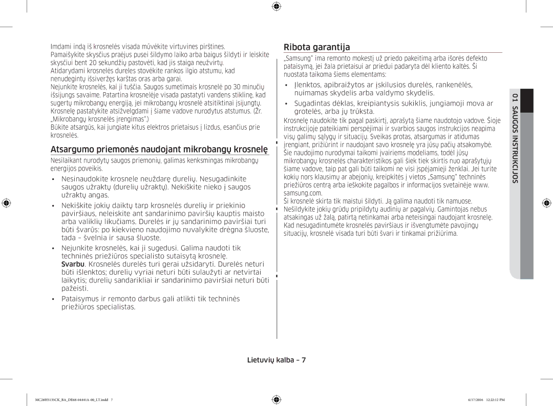 Samsung MC28H5135CK/BA manual Atsargumo priemonės naudojant mikrobangų krosnelę 