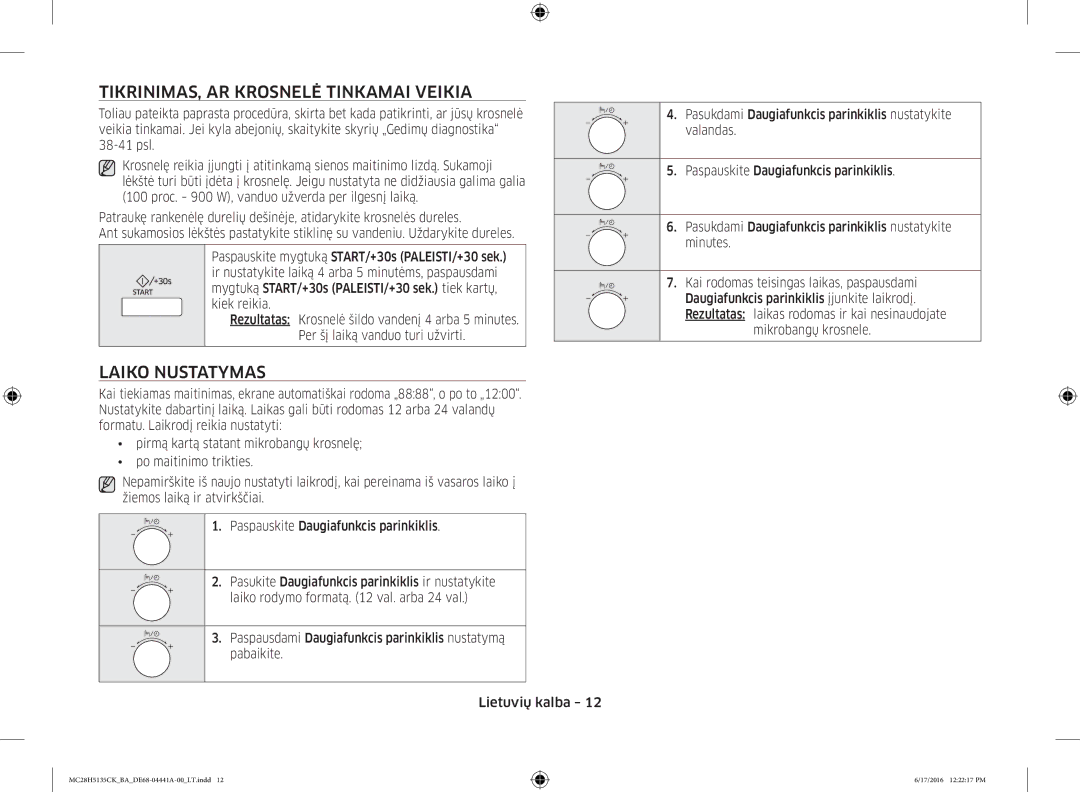 Samsung MC28H5135CK/BA manual TIKRINIMAS, AR Krosnelė Tinkamai Veikia, Laiko Nustatymas 