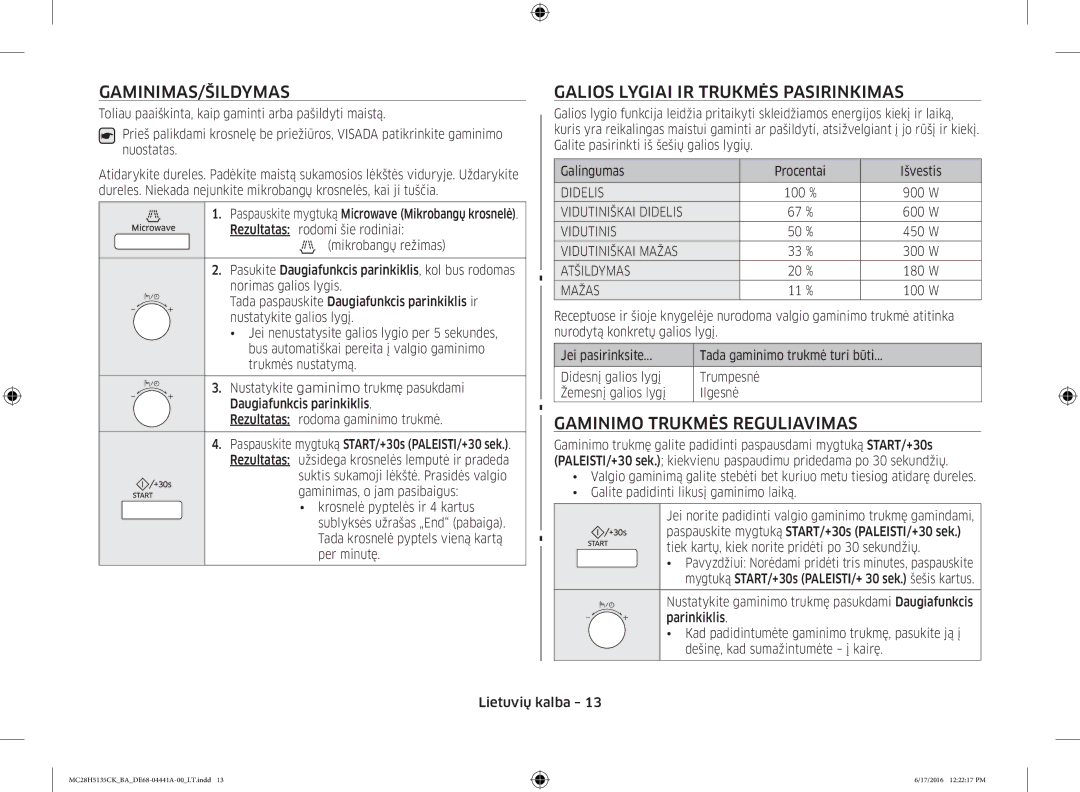 Samsung MC28H5135CK/BA manual Gaminimas/Šildymas, Galios Lygiai IR Trukmės Pasirinkimas, Gaminimo Trukmės Reguliavimas 