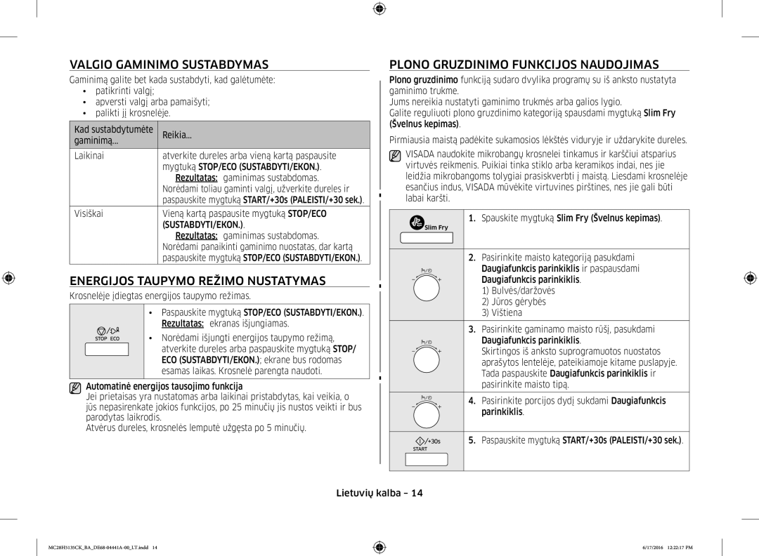 Samsung MC28H5135CK/BA manual Valgio Gaminimo Sustabdymas, Energijos Taupymo Režimo Nustatymas, Sustabdyti/Ekon 