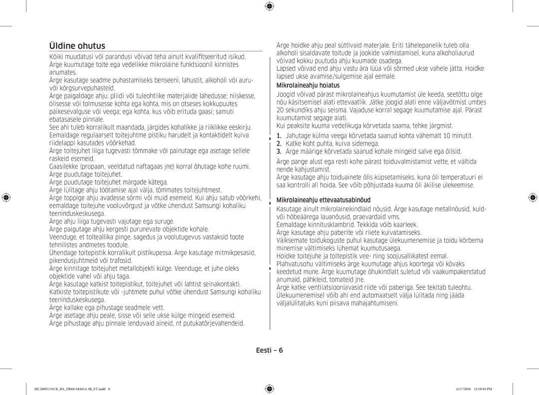 Samsung MC28H5135CK/BA manual Üldine ohutus 