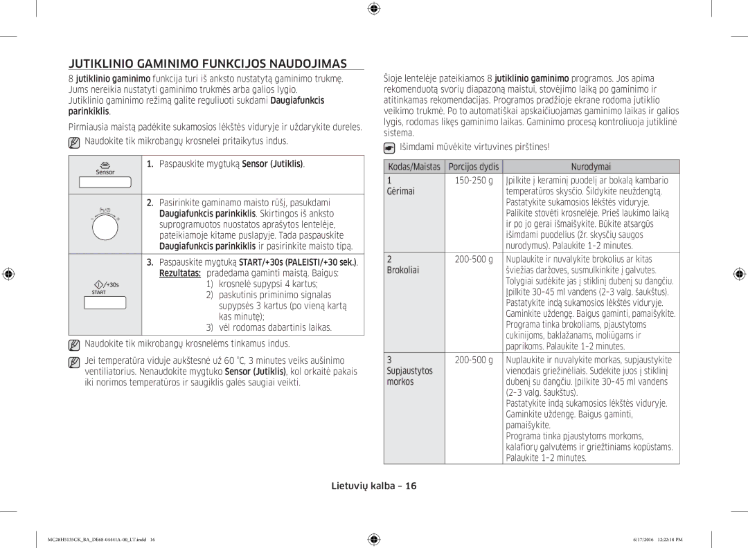 Samsung MC28H5135CK/BA manual Jutiklinio Gaminimo Funkcijos Naudojimas 