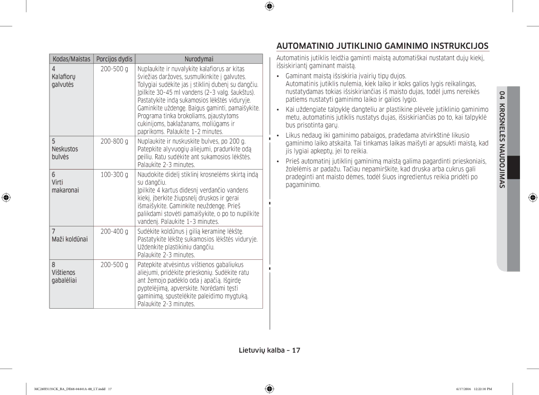 Samsung MC28H5135CK/BA manual Automatinio Jutiklinio Gaminimo Instrukcijos 