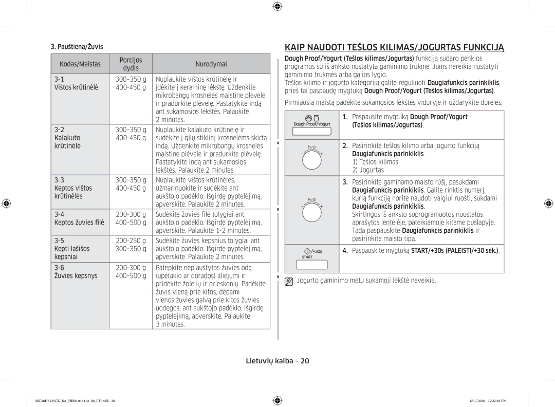 Samsung MC28H5135CK/BA manual Kaip Naudoti Tešlos KILIMAS/JOGURTAS Funkciją 