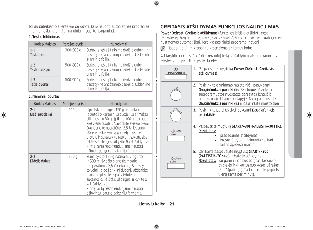 Samsung MC28H5135CK/BA manual Greitasis Atšildymas Funkcijos Naudojimas 