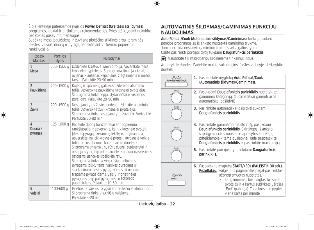 Samsung MC28H5135CK/BA manual Automatinis ŠILDYMAS/GAMINIMAS Funkcijų, Naudojimas 