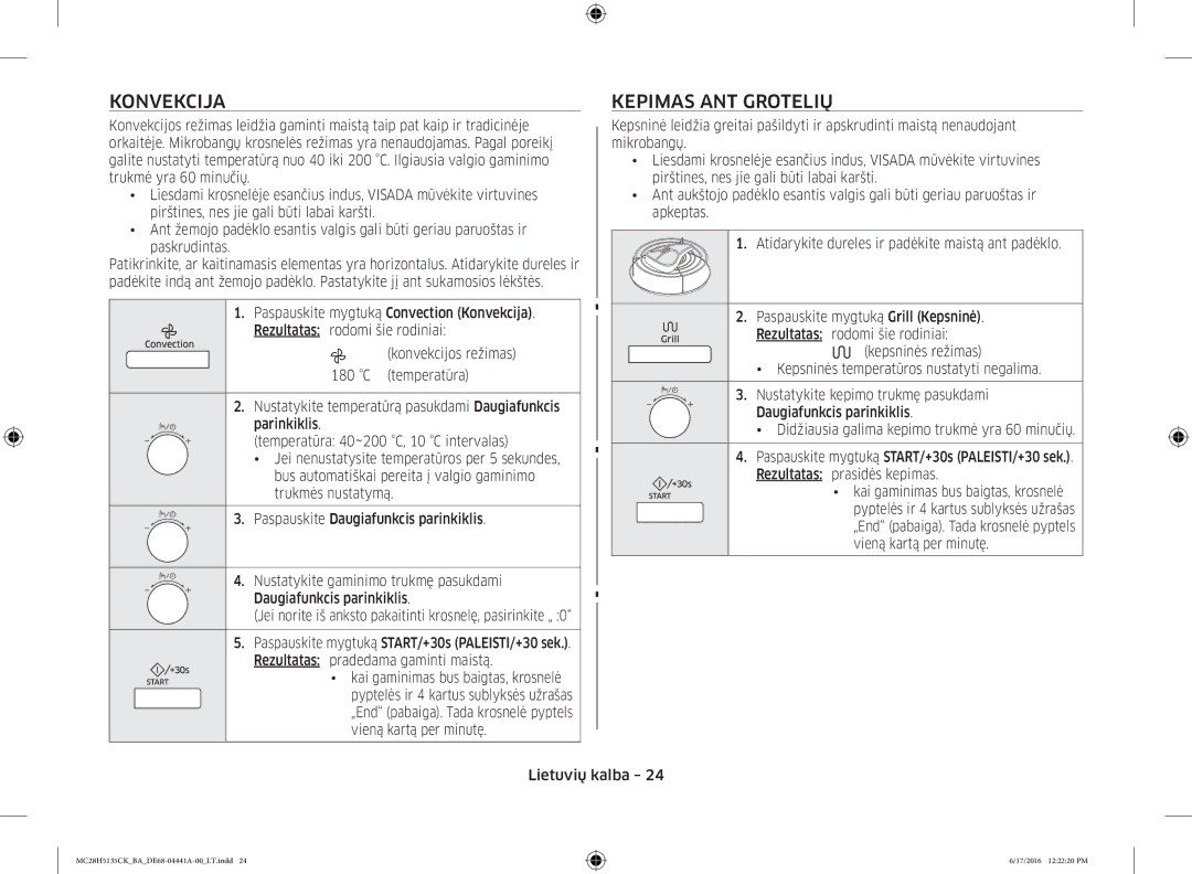 Samsung MC28H5135CK/BA manual Konvekcija, Kepimas ANT Grotelių, Rezultatas pradedama gaminti maistą 