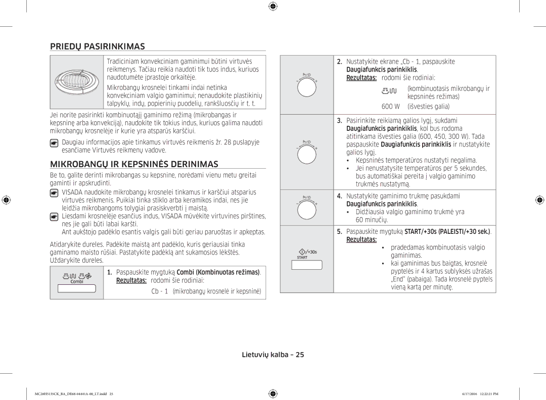 Samsung MC28H5135CK/BA manual Priedų Pasirinkimas, Mikrobangų IR Kepsninės Derinimas 