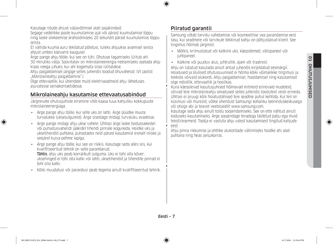 Samsung MC28H5135CK/BA manual Mikrolaineahju kasutamise ettevaatusabinõud 