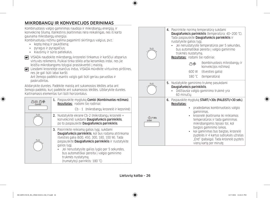 Samsung MC28H5135CK/BA manual Mikrobangų IR Konvekcijos Derinimas 