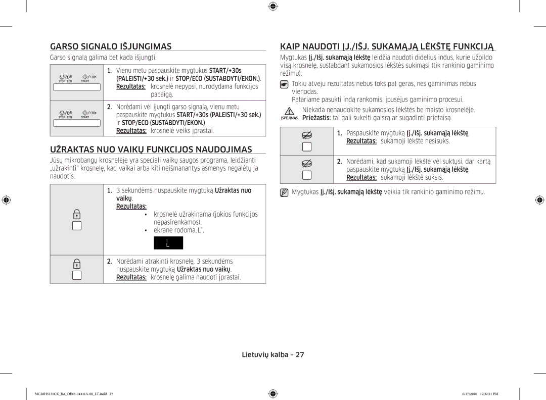 Samsung MC28H5135CK/BA manual Garso Signalo Išjungimas, Užraktas NUO Vaikų Funkcijos Naudojimas 