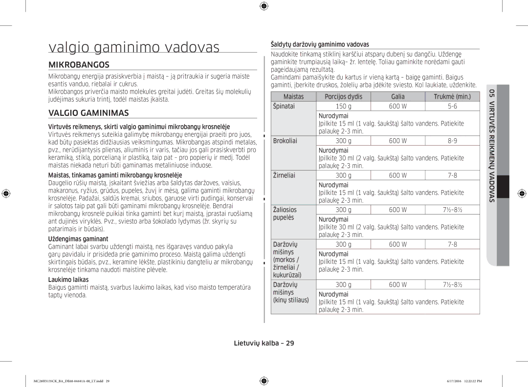 Samsung MC28H5135CK/BA manual Valgio gaminimo vadovas, Mikrobangos, Valgio Gaminimas, ½-8½ 