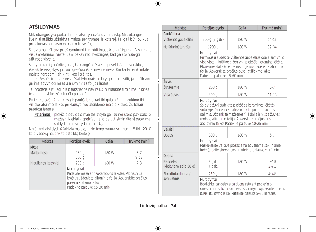 Samsung MC28H5135CK/BA manual Atšildymas, Kiaulienos kepsniai, Neišdarinėta višta, Vaisiai Uogos 300 g 180 W Nurodymai 