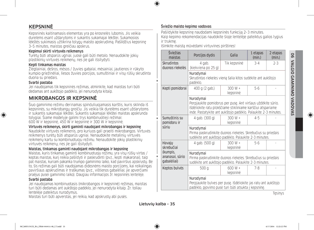 Samsung MC28H5135CK/BA manual Mikrobangos IR Kepsninė, Valgio Gaminimo Vadovas 