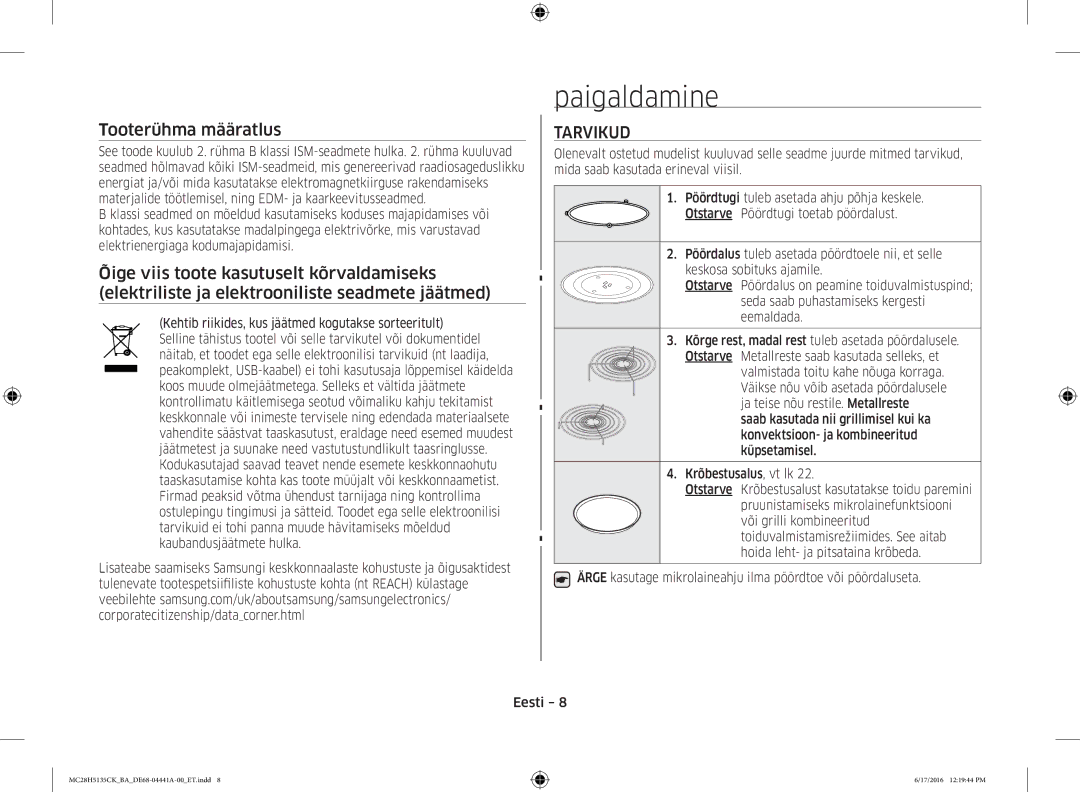 Samsung MC28H5135CK/BA manual Paigaldamine, Tarvikud 