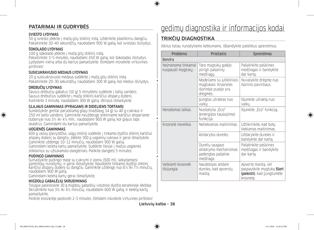 Samsung MC28H5135CK/BA manual Patarimai IR Gudrybės, Trikčių Diagnostika 