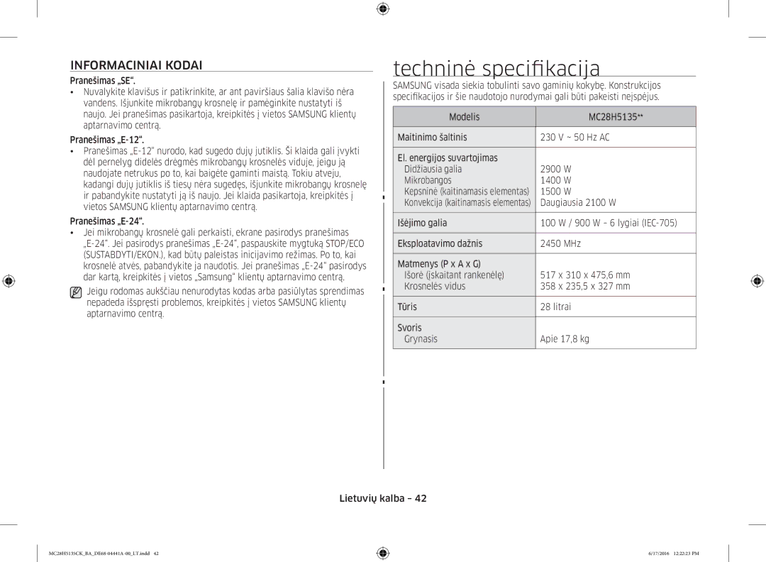 Samsung MC28H5135CK/BA manual Techninė specifikacija, Informaciniai Kodai, Pranešimas „E-24, Daugiausia 2100 W 