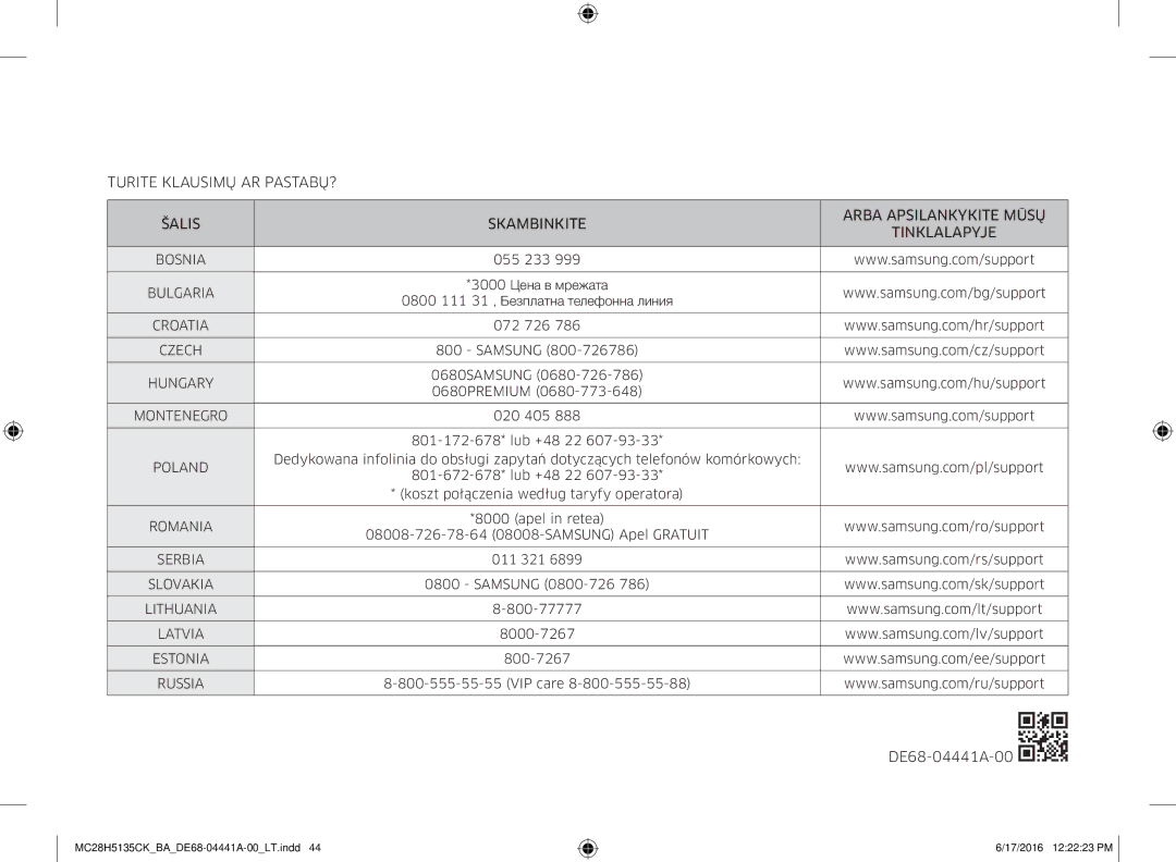 Samsung MC28H5135CK/BA manual DE68-04441A-00, 3000 Цена в мрежата 0800 111 31 , Безплатна телефонна линия 