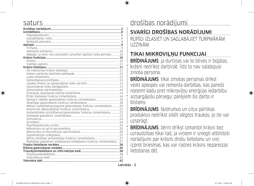 Samsung MC28H5135CK/BA manual Saturs, Drošības norādījumi, Latviešu 