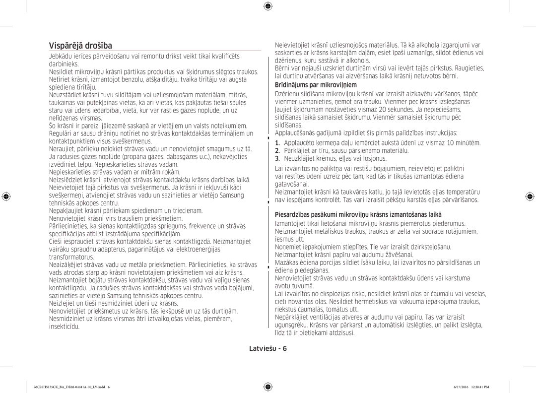 Samsung MC28H5135CK/BA manual Vispārējā drošība 