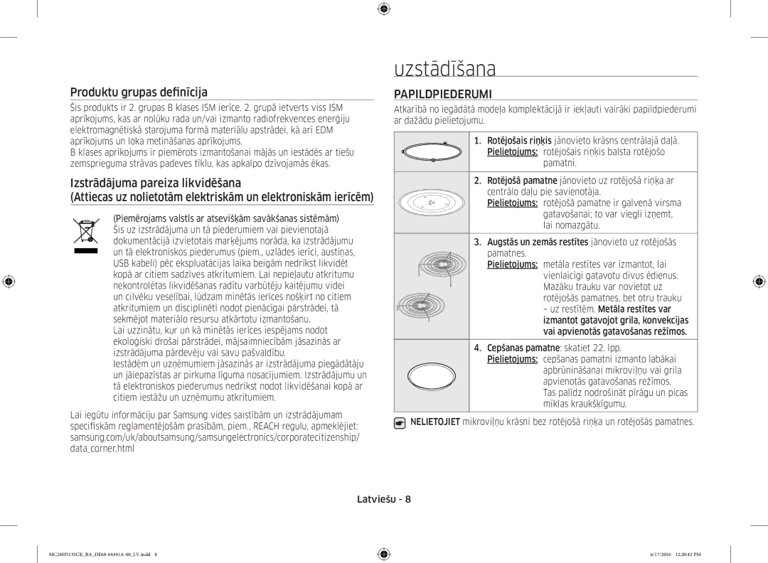 Samsung MC28H5135CK/BA manual Uzstādīšana, Papildpiederumi 